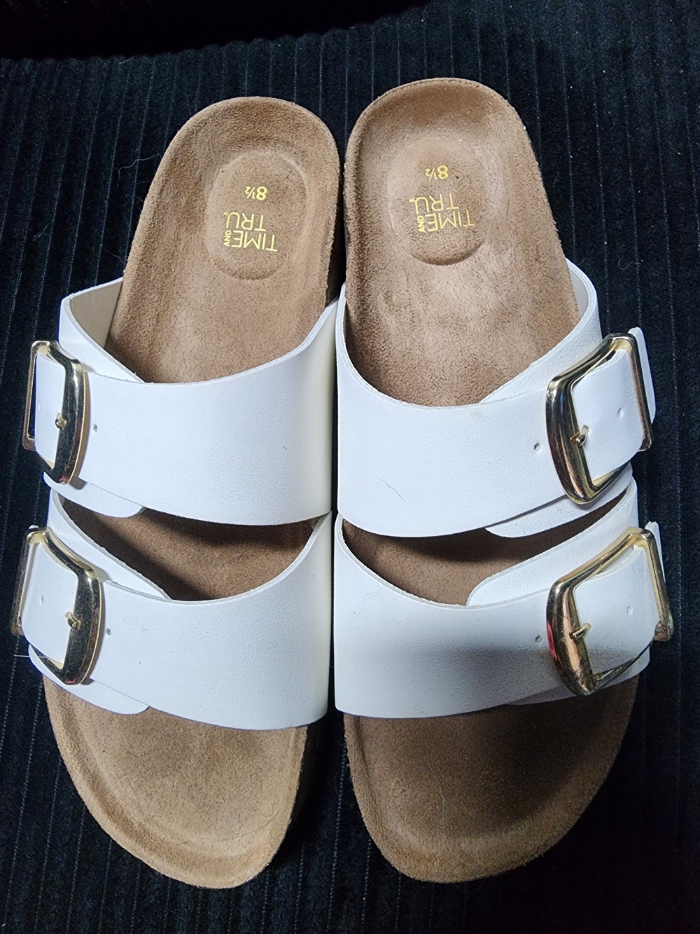 Time and Tru White Double-Strap Slide Sandals with Gold Buckles